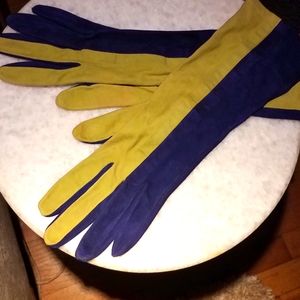 Yves Saint Laurent: Lime & Navy Kid Suede Cocktail-length Gloves